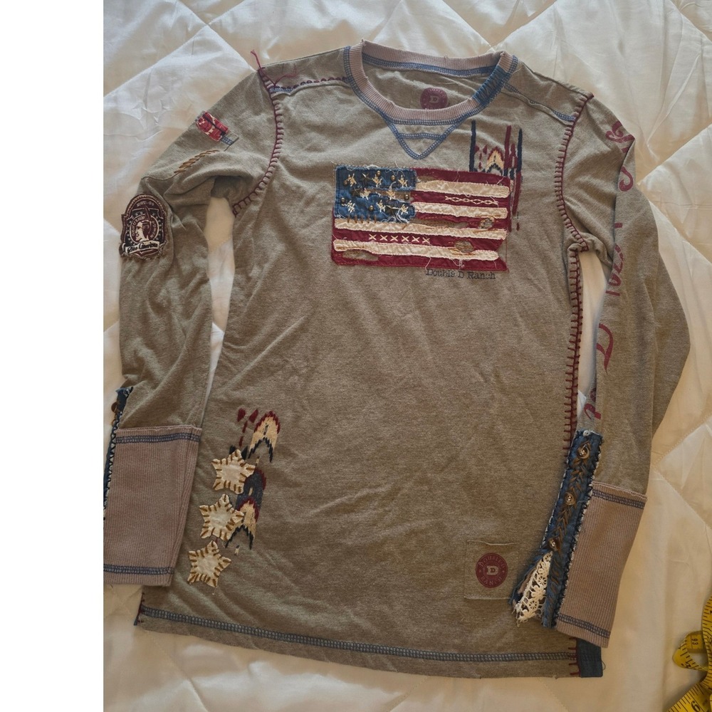 Double D Ranch American Flag Embroidered Long Sleeve Top XS Olive Patriotic Boho
